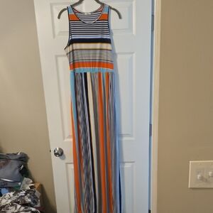Striped Sleeveless Maxi Dress in Orange, Navy & White